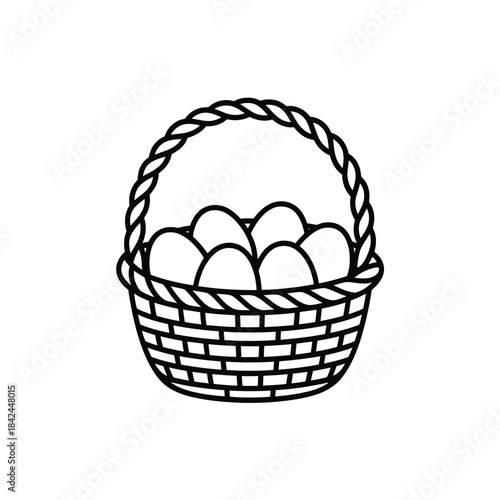 A simple line drawing depicts a woven basket filled with eggs