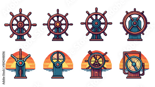 Retro pixel art nautical helm designs with sunset backgrounds