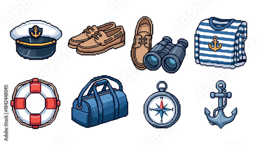 Nautical pixel art icons set featuring marine accessories and apparel