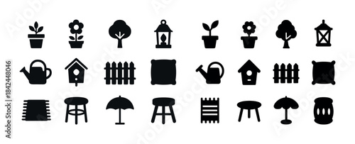 Garden tools and outdoor decor silhouettes set