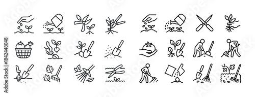 Gardening icons: planting, pruning, harvesting, tools, and care