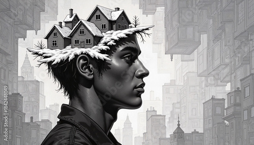 Man's head crowned with a snowy miniature town, symbolizing concepts of homeownership, personal aspirations, or urban dwelling.