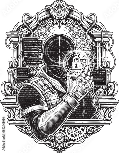 Woodcut of an anonymous figure holding a lock, steampunk and cyb