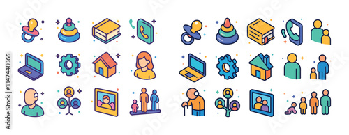 Colorful icon set representing family, technology, and daily lif