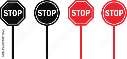 Four Stop Signs Black and Red Octagonal and Circular Shapes traffic sign