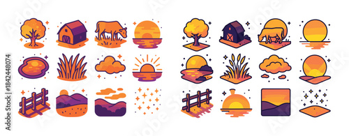 Colorful farm and nature icons with sunset scenes