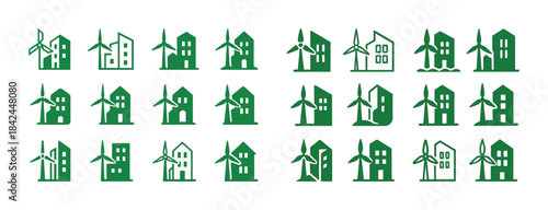 Green wind turbine icons with buildings in rows