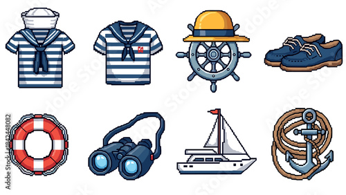Pixel art nautical icons: sailor attire, marine tools, and vessels