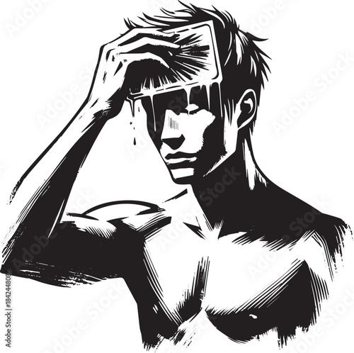 Sumi-e illustration of a man applying cooling gel pad to his for