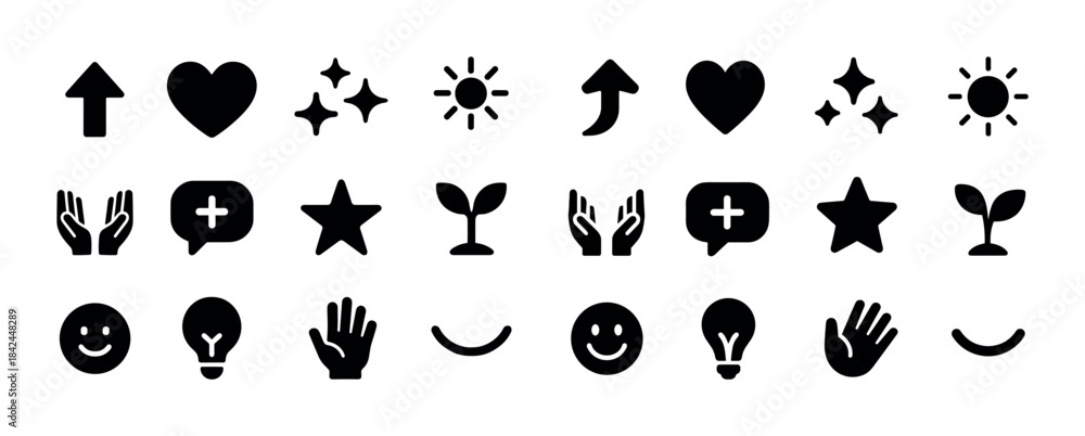 Fototapeta premium Simple icons set: arrows, hearts, stars, nature, smiley, light b
