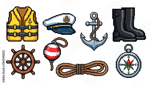 Nautical pixel art collection with maritime objects and symbols