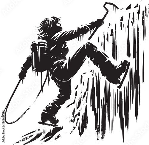 A monochrome illustration of a daring woman scaling a frozen cas