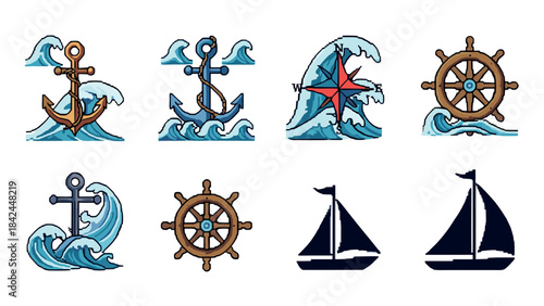 Nautical pixel art: anchors, waves, and sailing