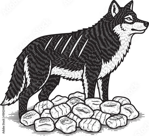 Detailed Etching of a Wolf Standing on a Pile of Rough-Hewn Ston