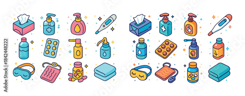 Colorful cartoon set of medical and healthcare essentials