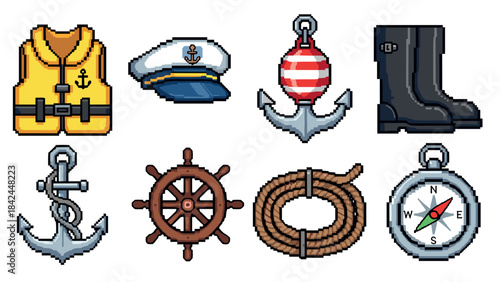 Nautical themed pixel art icons with anchor, life vest, and captain's hat