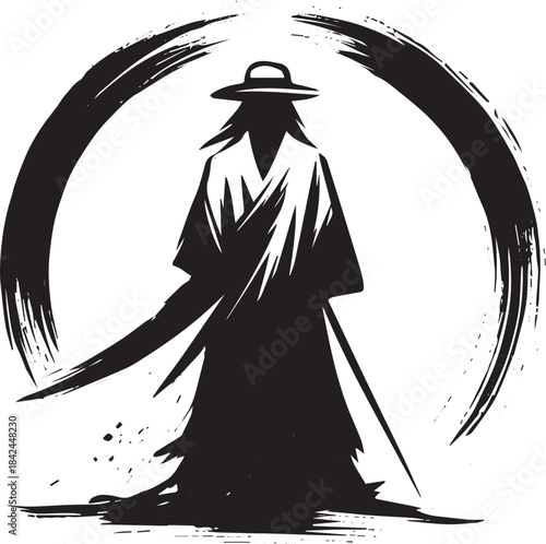 Monochrome illustration of mysterious figure with sword using br