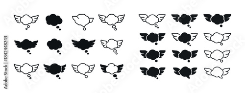Black and white speech bubble icons with wings collection
