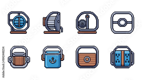 Nautical equipment in retro pixel art: vintage marine-themed icons