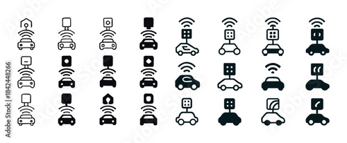 Set of autonomous vehicle icons with signal and network symbols