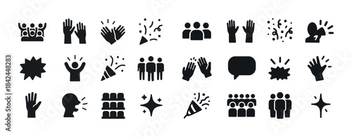 Celebration icons set: hands, people, and party symbols in black