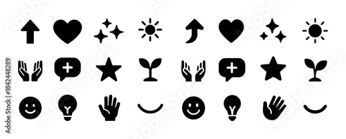 Simple icons set: arrows, hearts, stars, nature, smiley, light b