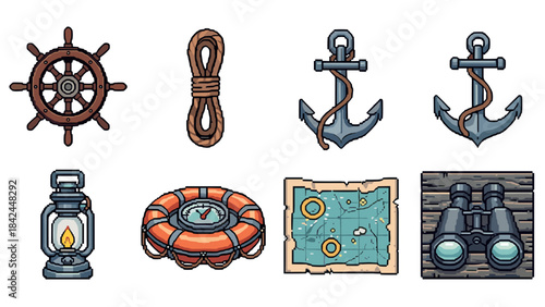 Nautical adventure icons: anchor, map, wheel, binoculars in pixel art style