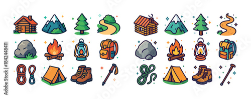 Colorful camping icons featuring gear and nature elements
