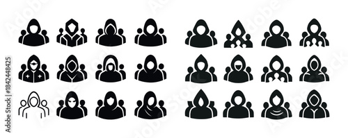 Collection of hooded figure icons in row with diverse designs