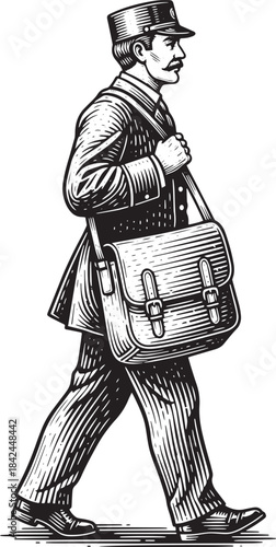 Vintage Postman Engraving with Letter Bag in Classic Uniform Woo