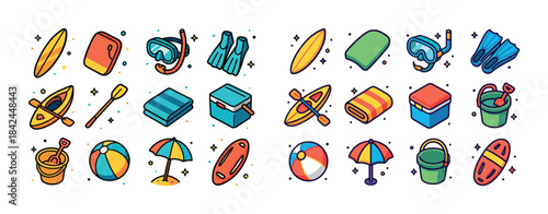 Colorful beach icons featuring surfboards, kayaks, snorkel gear,