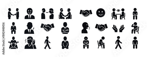 Collection of business icons featuring handshakes, meetings, and