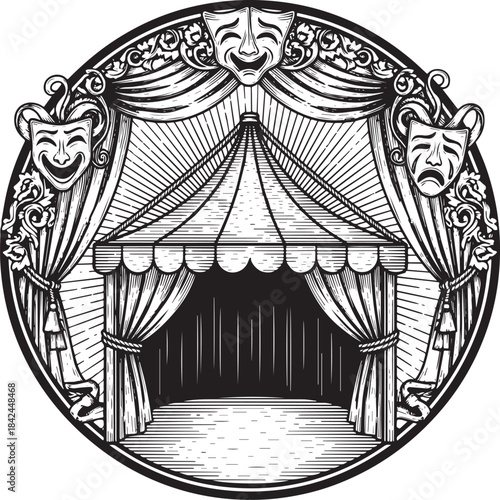 Engraved illustration of a theatrical tent with comedy and trage