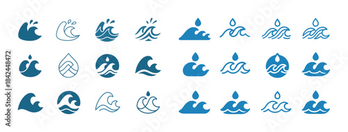 Set of blue water and wave icons in various styles