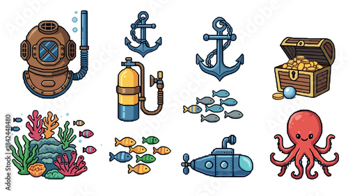 Pixel art ocean adventure: treasure, diving, marine life, and nautical icons