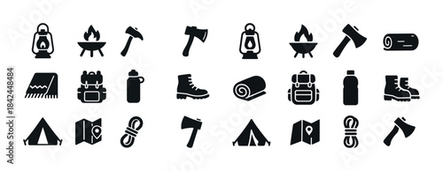 Camping equipment icons: lantern, campfire, axe, tent, backpack,