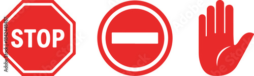 Free Download Red octagonal stop sign, circular prohibition sign, and red hand symbol white - GFXLoad