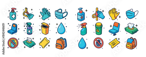 Colorful hygiene and safety icons including masks gloves and san