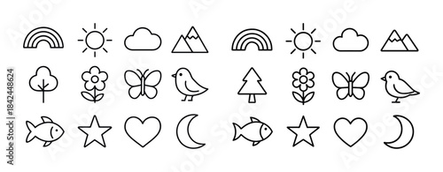 Minimalist nature-themed line icons: sun, cloud, mountain, tree,