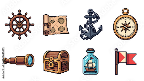 Nautical adventure icons set featuring ship wheel, anchor, compass, and pirate themed elements