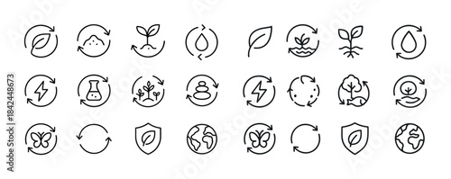 Eco-friendly icons: sustainability symbols including recycling a