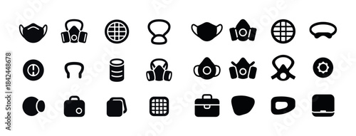 Collection of various face masks and respirators icons in black