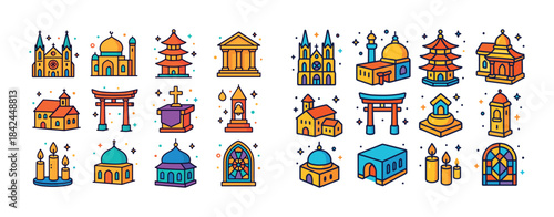 Colorful religious building icons: churches, mosques, temples, p