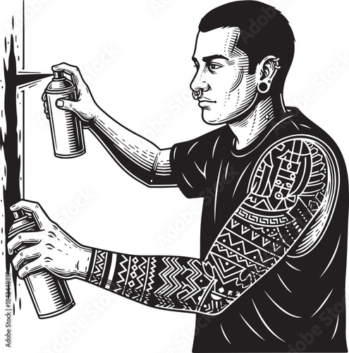Engraved Illustration of a Tattooed Man Creating Street Art with