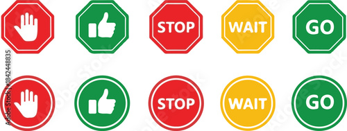 Set of traffic control signs with stop wait and go symbols Keywords: stop sign, wait sign, go sign, hand stop, thumbs up, red sign, yellow sign