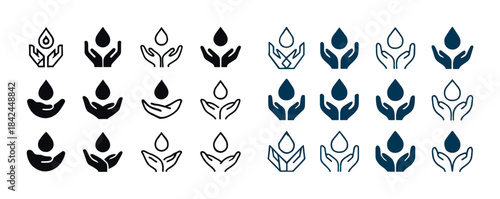 Variety of hand and water drop icons in different styles and col