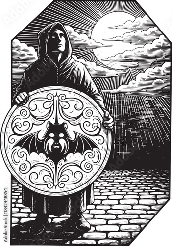 Monk with Bat Shield Engraving Illustration in Spooky Setting ne