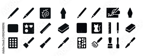 Digital art tools icons set: brushes, pens, erasers, rulers, and