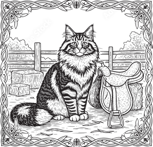 Engraved illustration of a long-haired cat posing beside an old
