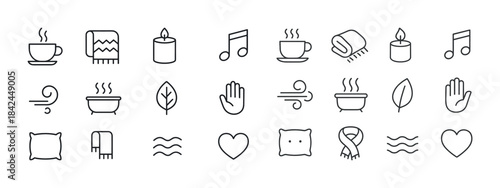 Cozy wellness icons: tea, candle, music, spa, nature, relaxation